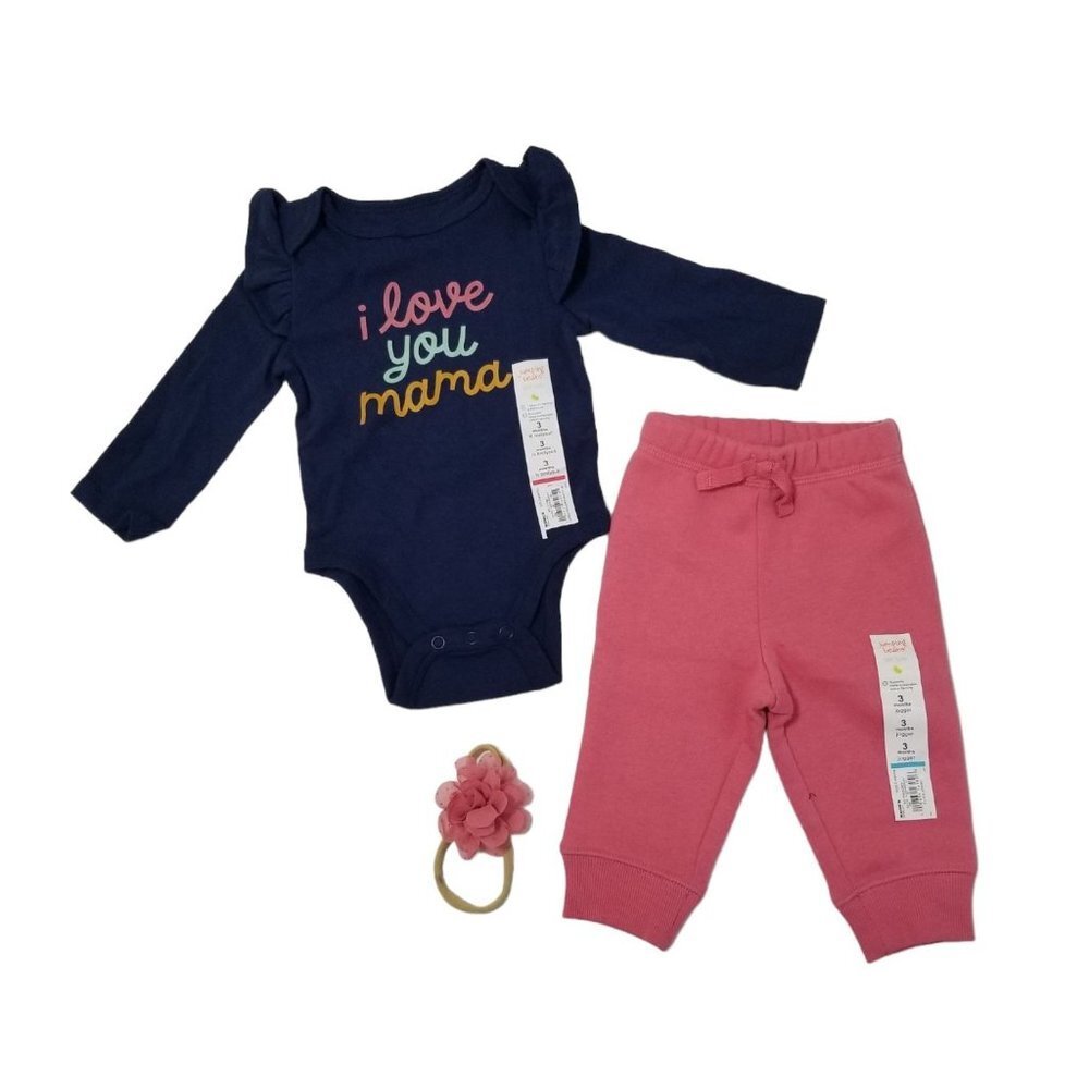 NWT‎ JUMPING BEANS 3 PIECE SET BODYSUIT SWEATPANTS AND HEADBAND Baby Size 3M